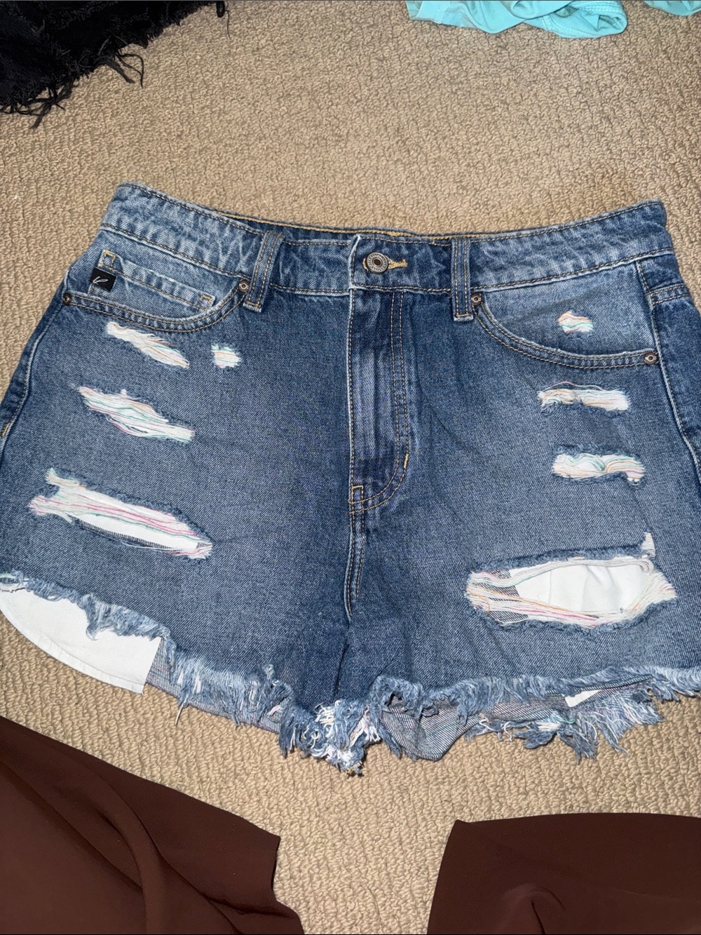KanCan Indigo Distressed Jean Shorts with Rainbow Thread Detail